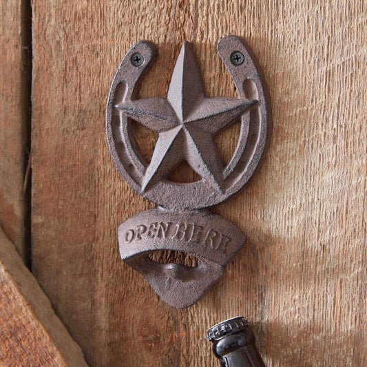 Cast iron bottle opener with a western design, featuring three screw holes for wall mounting; comes in a set of two.