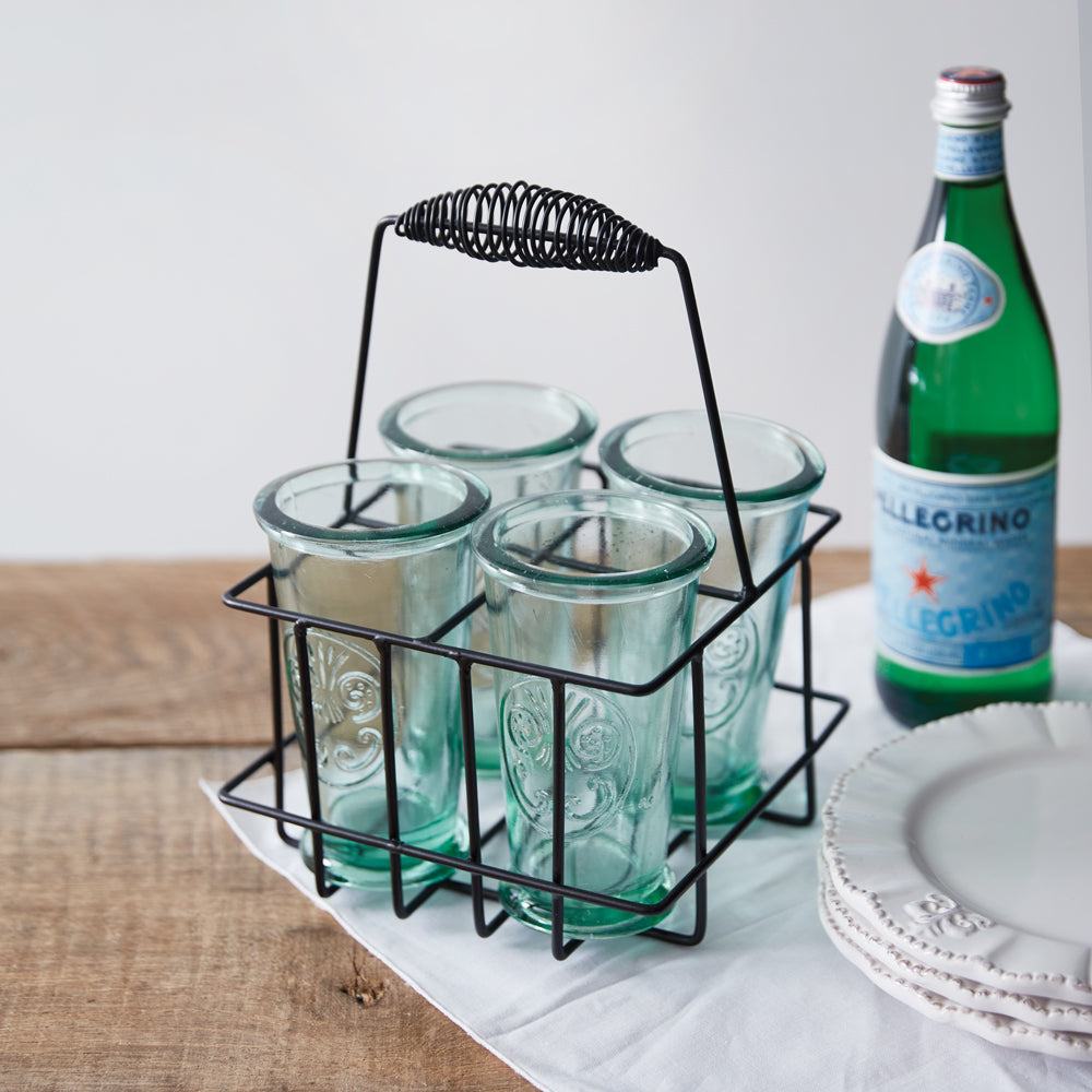 A charming glassware caddy with handcrafted recycled glass cups, featuring a French Fleur De Lis design, perfect for any occasion.