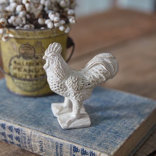 Set of 2 Charming Antique White Cast Iron Roosters