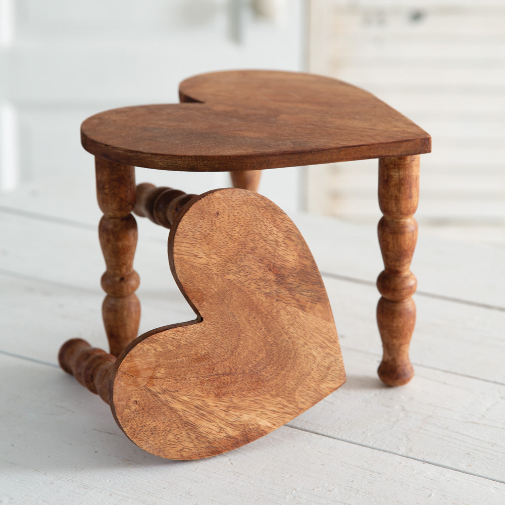 Set of 2 Rustic Heart-Shaped Table Stools - Natural Wood Finish