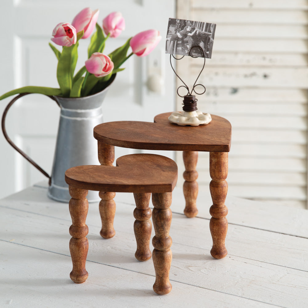 Set of 2 Rustic Heart-Shaped Table Stools - Natural Wood Finish