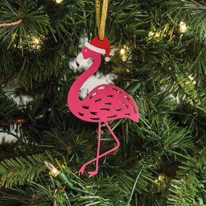 A festive flamingo ornament wearing a Santa hat, adding vibrant color and whimsy to your Christmas tree decorations.