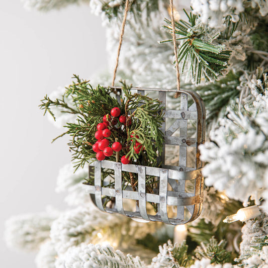 Rustic tobacco basket ornament with galvanized finish, jute tie, and pocket for candy canes or greenery, set of 4.