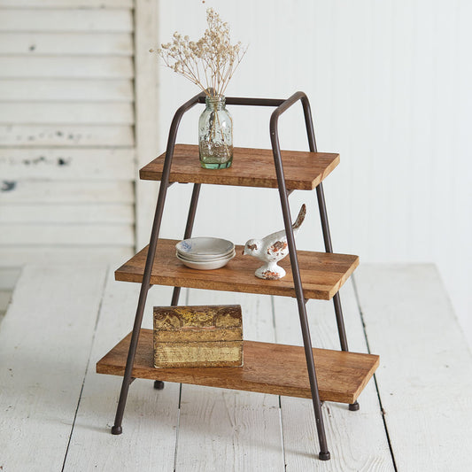 Tabletop A-Frame Shelves with a sturdy metal frame and three wooden tiers displaying succulents and small decorative items.