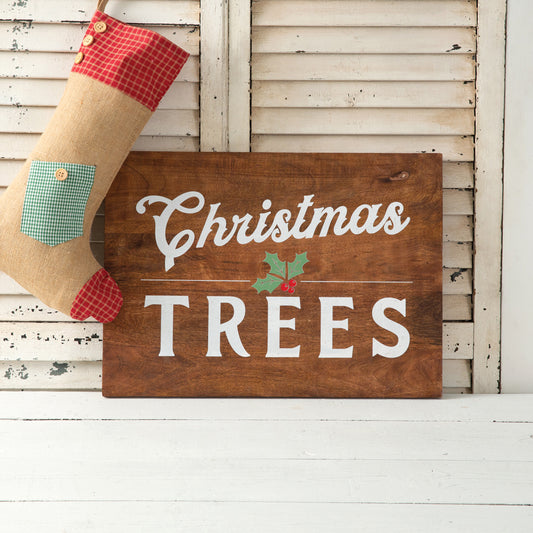 A charming wooden sign with a Christmas tree design, perfect for holiday decor, featuring easy-to-use sawtooth hangers.