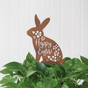 Rustic metal garden stake with a bunny and flower cutouts, featuring a "Happy Easter" message for festive outdoor decor.