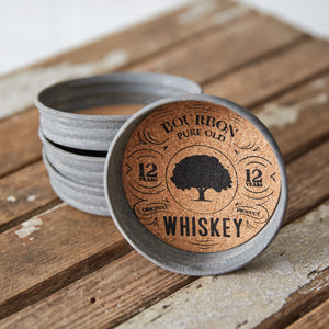 Whiskey-themed coaster set with cork interior and whiskey print, adding elegance and functionality to any table setting.