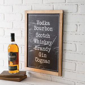 Rustic wall art with a chalkboard-style list of spirits, framed in wood, perfect for enhancing bar or man cave decor.