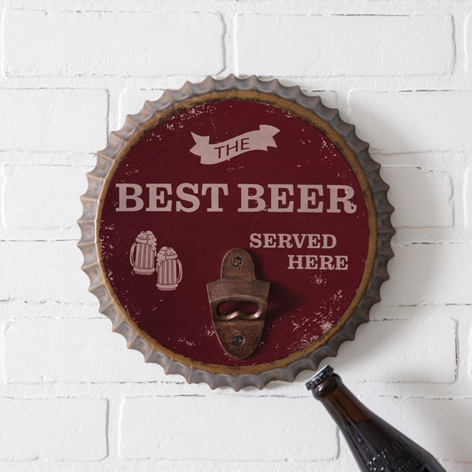 Rustic bottle cap-shaped sign with built-in opener, perfect for bars or man caves, featuring a vintage finish and keyhole hanger.