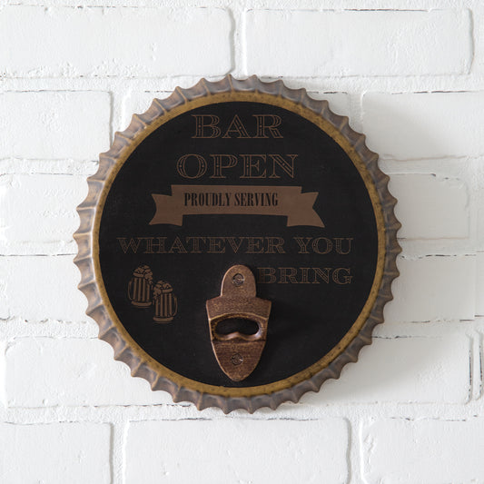 Bar Open Sign shaped like a bottle cap with a rustic finish and built-in bottle opener, perfect for bars or man caves.