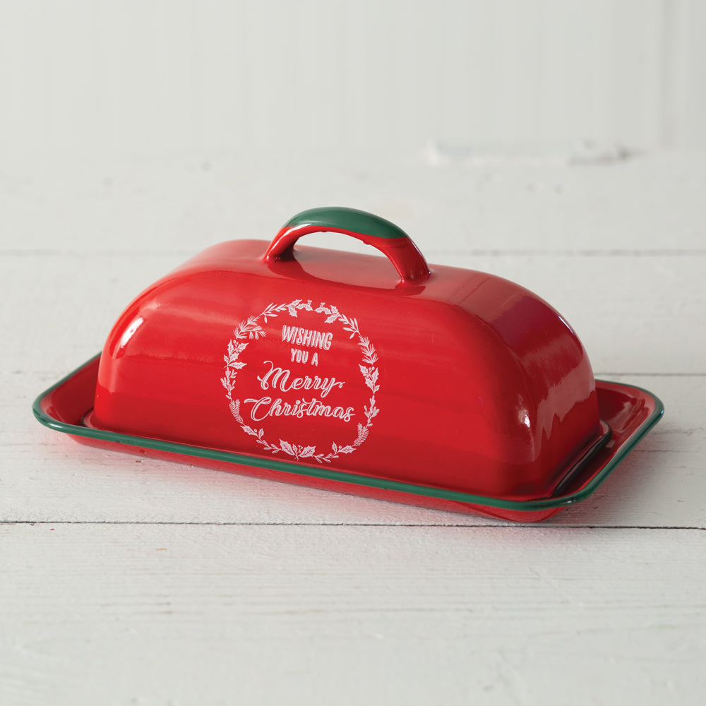 Wishing You A Merry Christmas Enameled Butter Dish - Countryside Home Decor