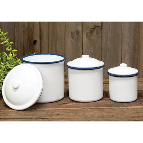 Set of Three Blue Rim Enamel Canisters